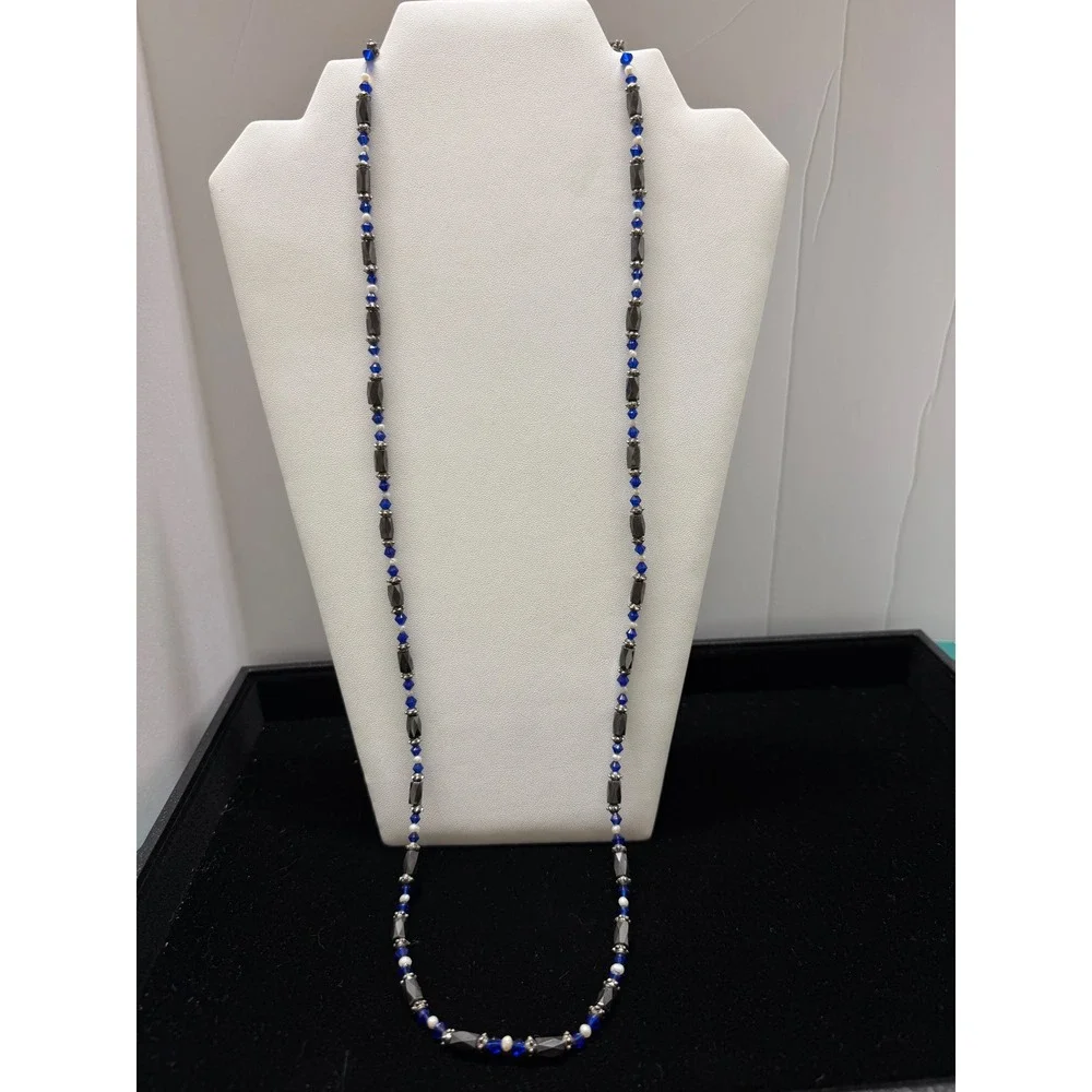 Hematite Style Beaded Long Necklace Blue Crystal White Pearl‎ Gunmetal Tone 36in